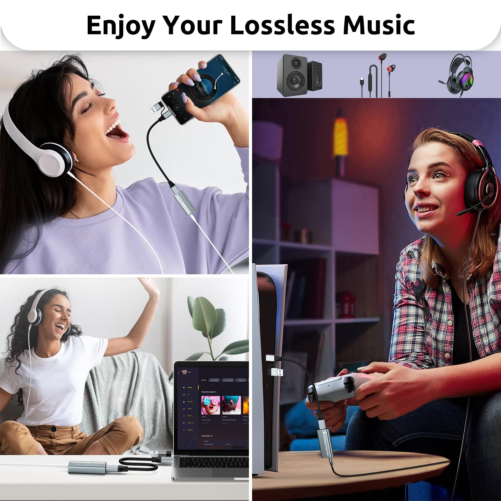 InnoMaker Scheda audio USB HiFi portatile/Amplificatore per cuffie/Amplificatori USB HiFi da tavolo con doppia uscita da 4,4 mm/3,5 mm, PCM 384 kHz/DSD256 per dispositivi Android, Linux e Windows