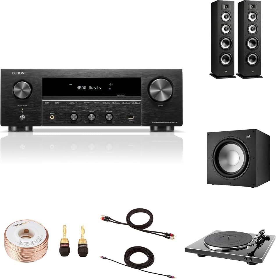 Denon DRA-900H + Polk Monitor XT 2.1 Vinyl Bundle | Analog Hi-Fi Sound with DP-300F Turntable, Tower Speakers & Deep Bass Subwoofer