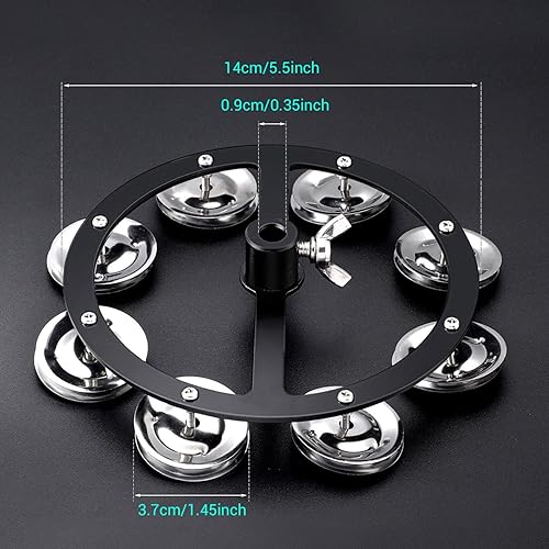 Miniatura 7 de Facmogu Pandereta de platillo de 5.5 pulgadas con una sola fila, 8 pares de cascabeles de acero inoxidable de 14.6in1.5 pulgadas, juego de pandereta