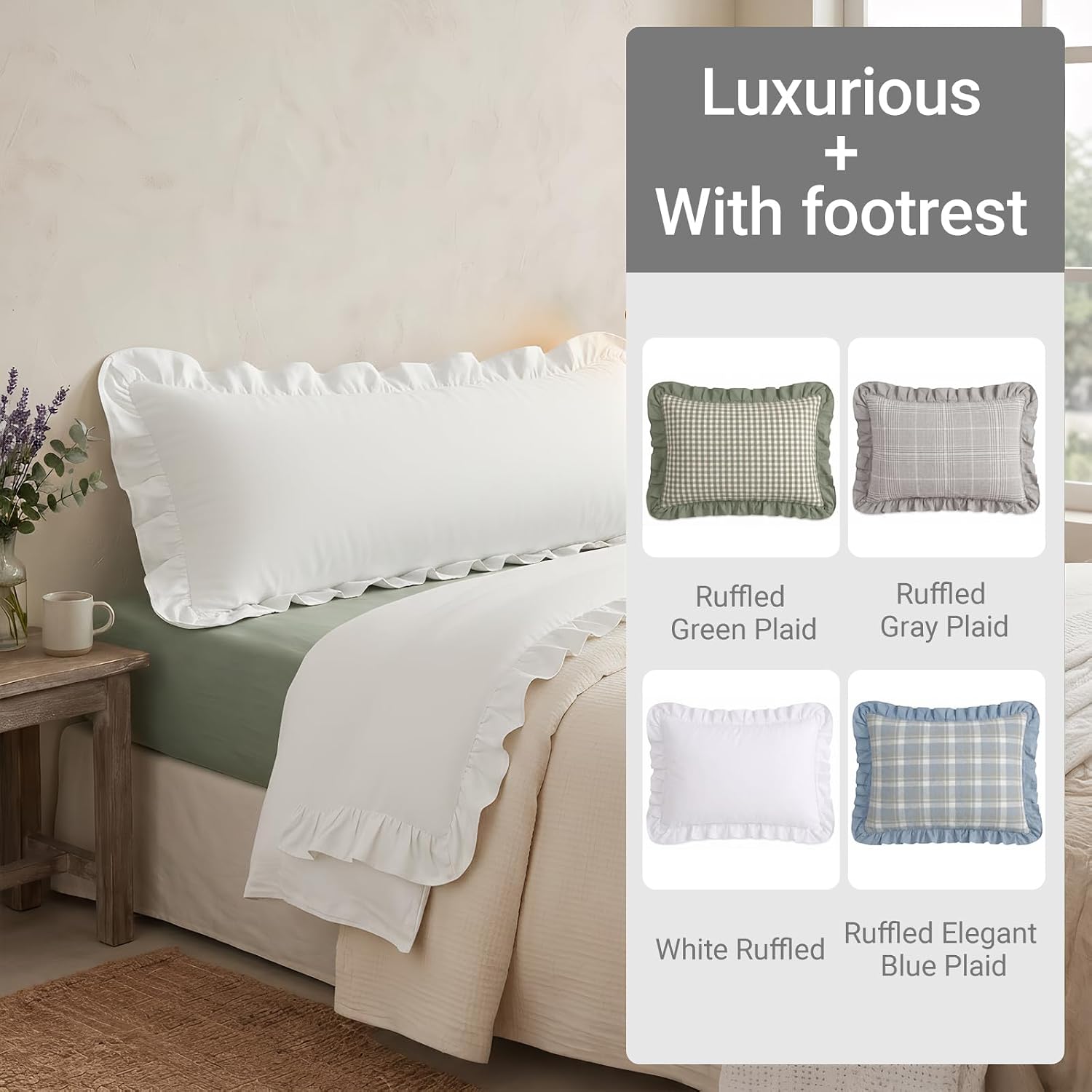 1 Pack Ruffled Gingham Pillow Covers, Body Size, White