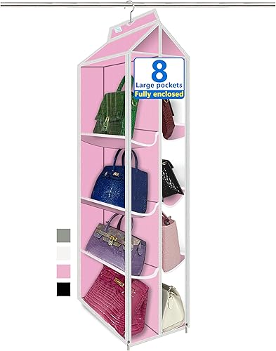 zebricolo Purse Organizer for Closet, with Zippered-Dustproof, Purse Organizer, Designed for Oversized Wallets & Holds 8-16 Purses, Hanging Purse Organizer for Closet, Pink-Purse Storage
