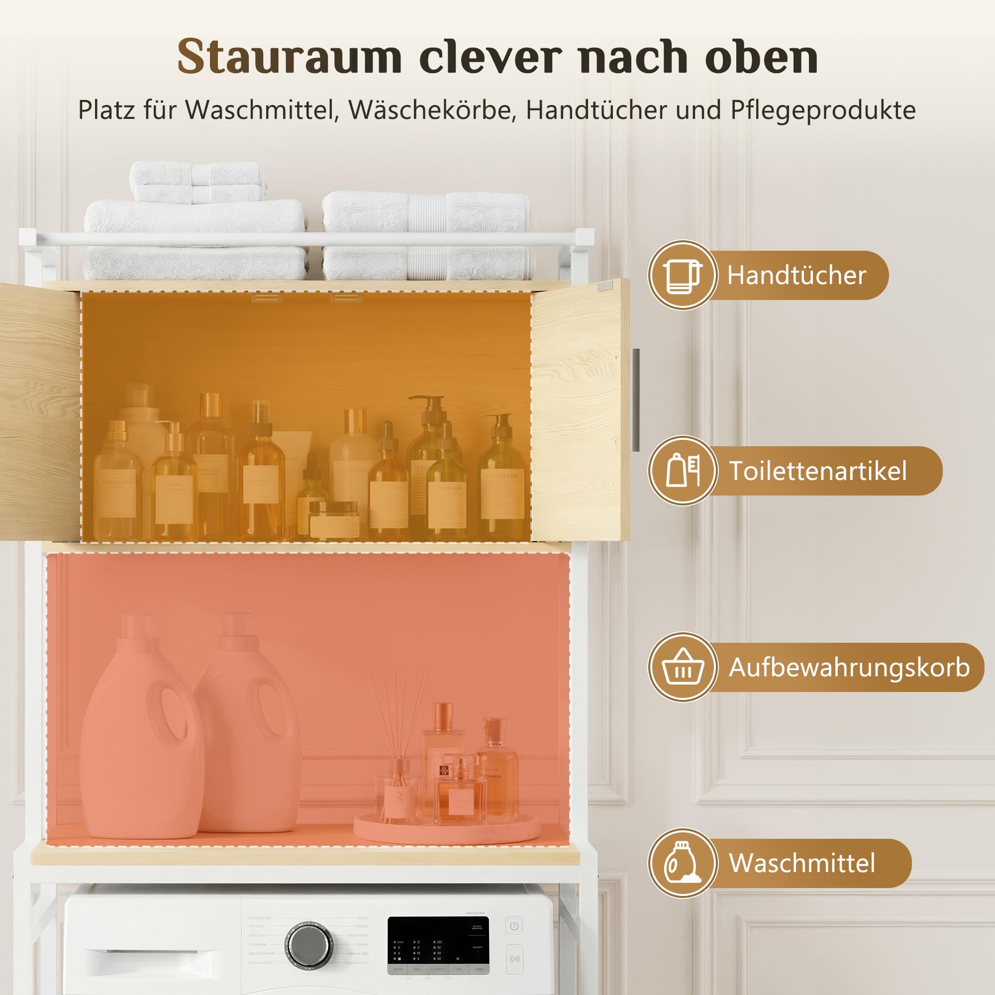 APICIZON Waschmaschinenschrank, Waschmaschinenregal mit Handtuchhalter, Toilettenregal mit Schrank Verstellbarer Ablage, 67 × 40 × 165 cm, für Badezimmer, Küche, Balkon, Natürlich & Weiß