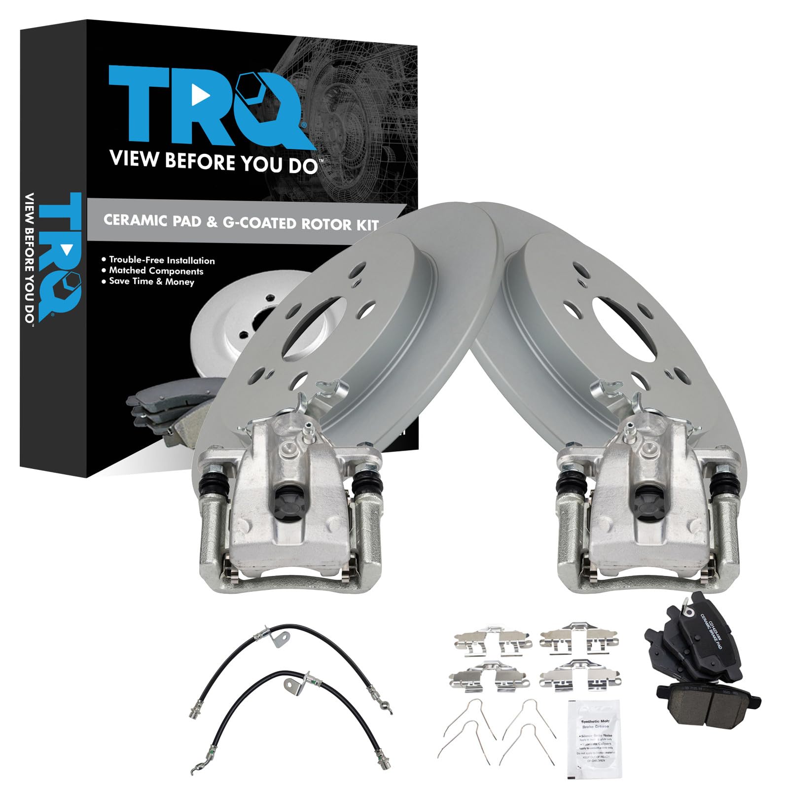TRQ Rear Brake Pad and Rotor Set Ceramic Coated Rotors Calipers Compatible with 2009-2010 Pontiac Vibe 2009-2018 Toyota Corolla 2009-2011 Matrix