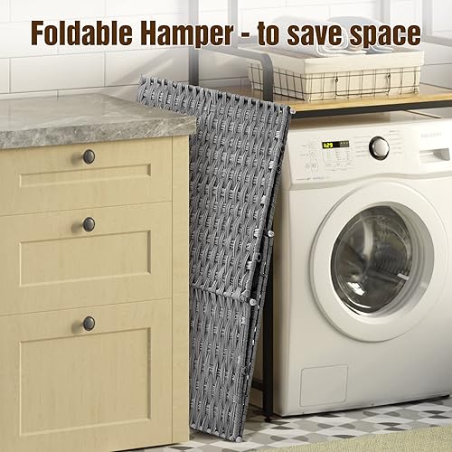 Miniatura 5 de Greenstell Cesta de lavandería con ruedas, no necesita instalación, cestas tejidas a mano divididas de 90 litros y 2 bolsas extraíbles con forro,