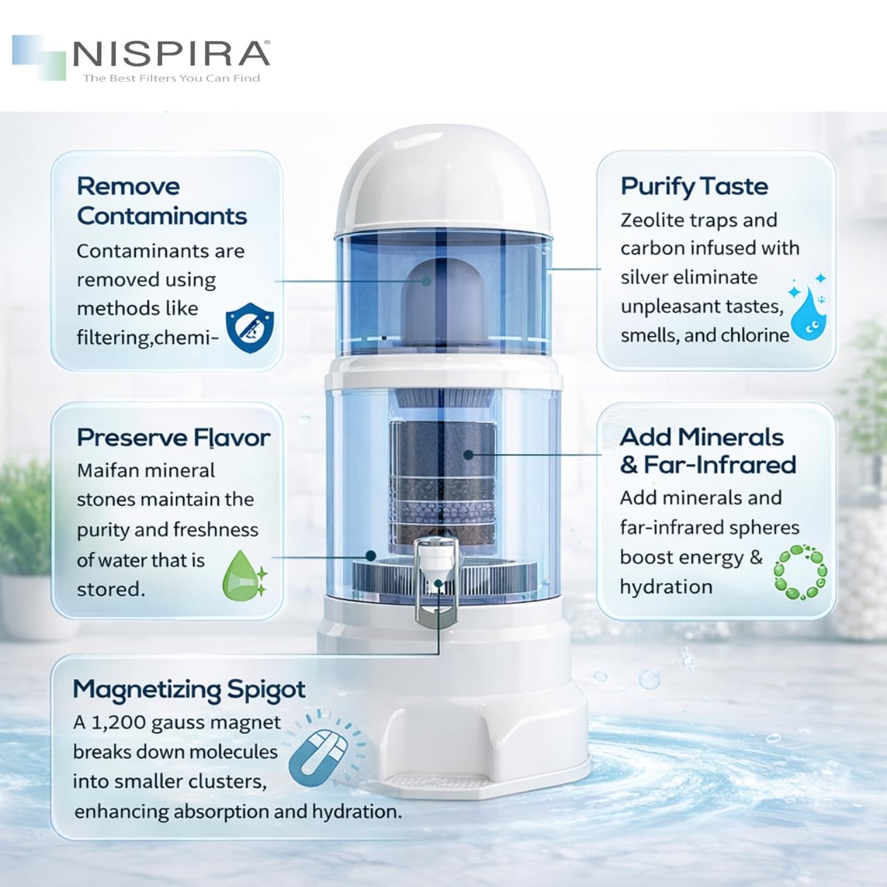 Nispira Super Mineral Countertop Gravity Water Filter System 12L 3-Gallon Household Economical Drinking Pot Water Dispenser