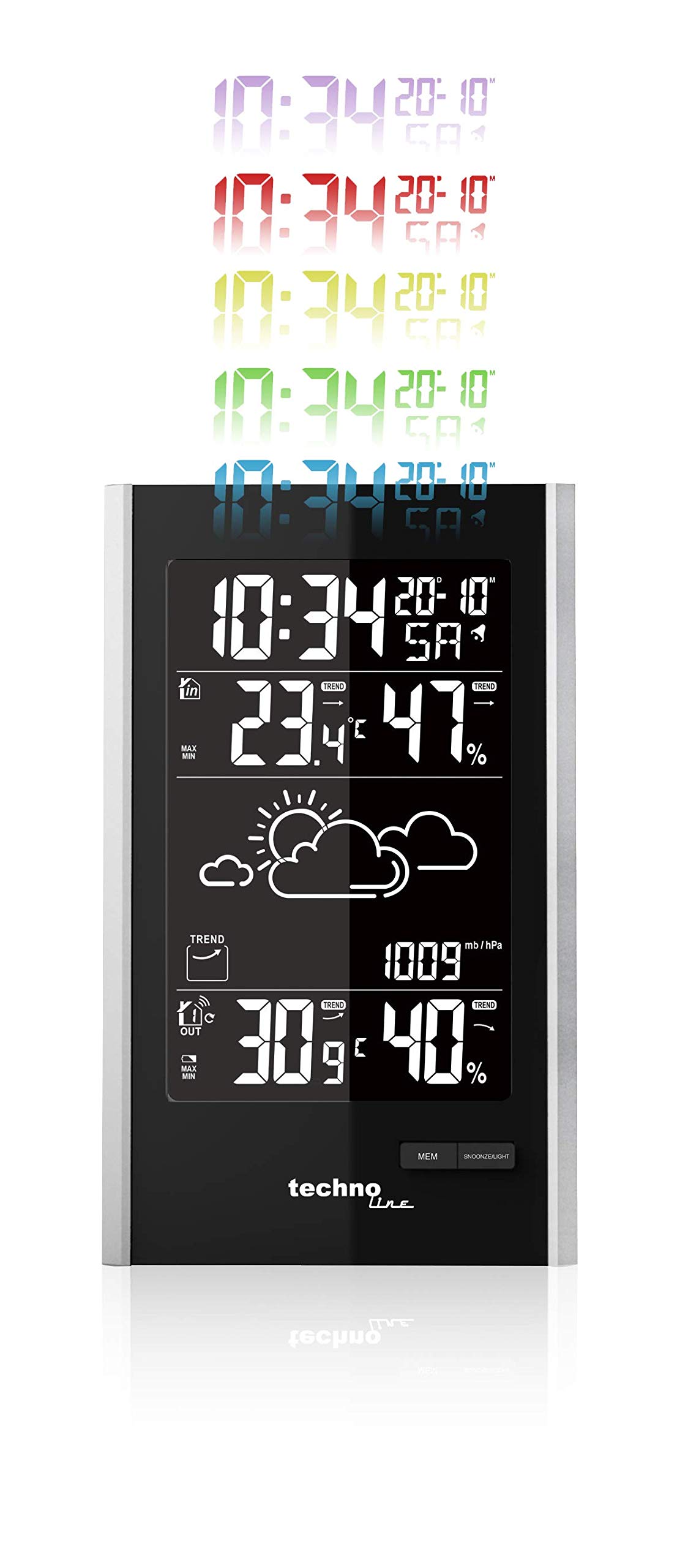 Technoline WS9060 moderne Wetterstation inklusive Außensender TX205D-TH, Farbe der Darstellung wählbar Farbe:Schwarz-Silber