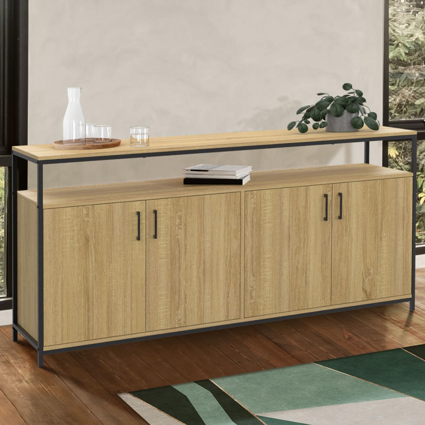 IDMarket - Aparador (160 cm, 4 puertas, madera y negro, diseño industrial