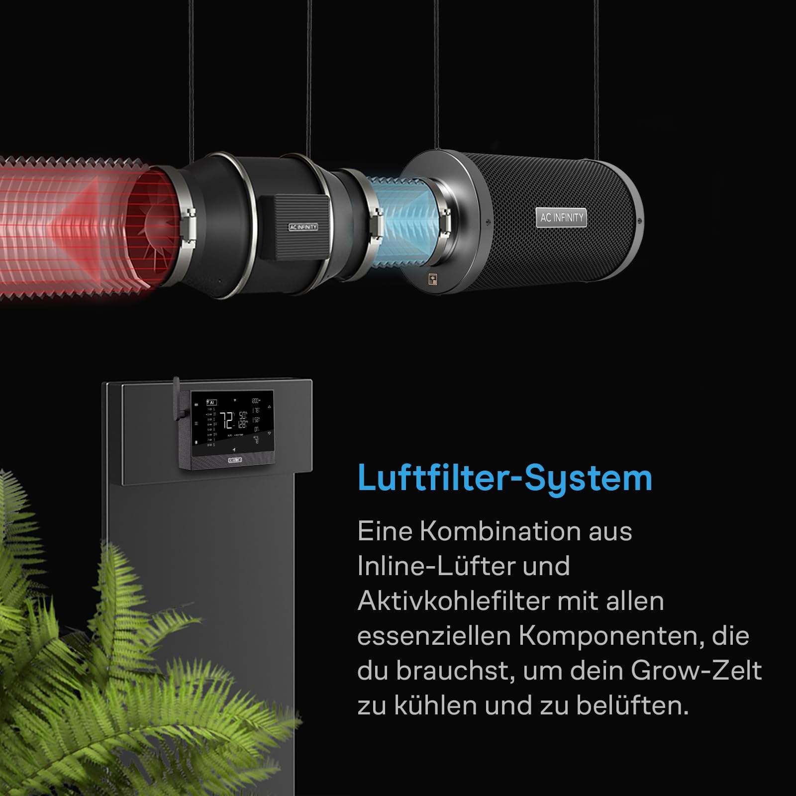 AC Infinity Luftfilter-Set PRO 150 mm – Abluftventilator mit Controller AI+, automatischer Leistungsanpassung, Aktivkohlefilter und Schlauch für Growzelte, Hydrokulturen und Indoor-Gärten