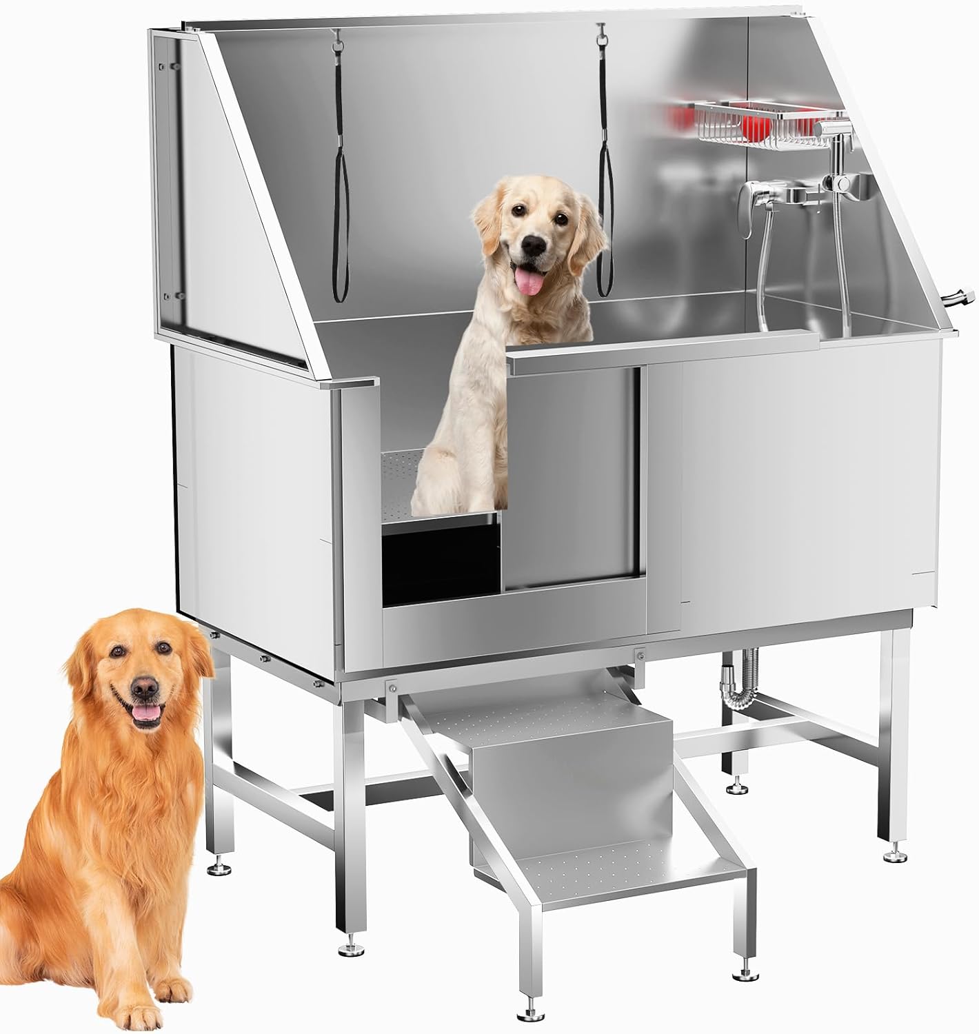 Dog Washing Station 50" Dog Grooming Tub,Stainless Steel Dog Bathing Station for Home with Right Stair, pet Bathtub for Large,Medium,Small Pets (Right Door)