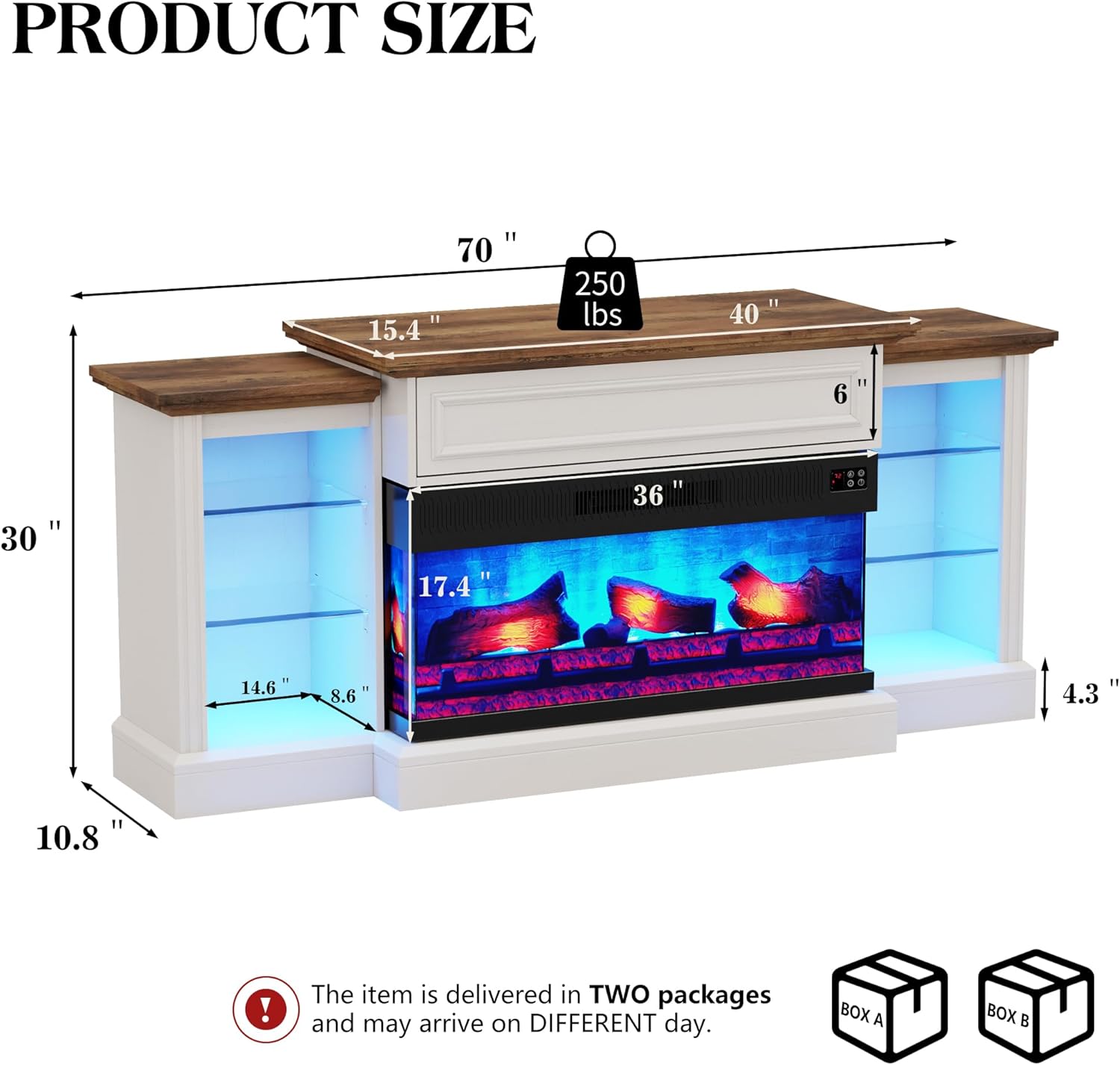 VanAcc 70" Farmhouse Electric Fireplace with Mantel, 3-Side Fireplace TV Stand for TVs up to 75", Entertainment Center Table for Living Room, Distressed White