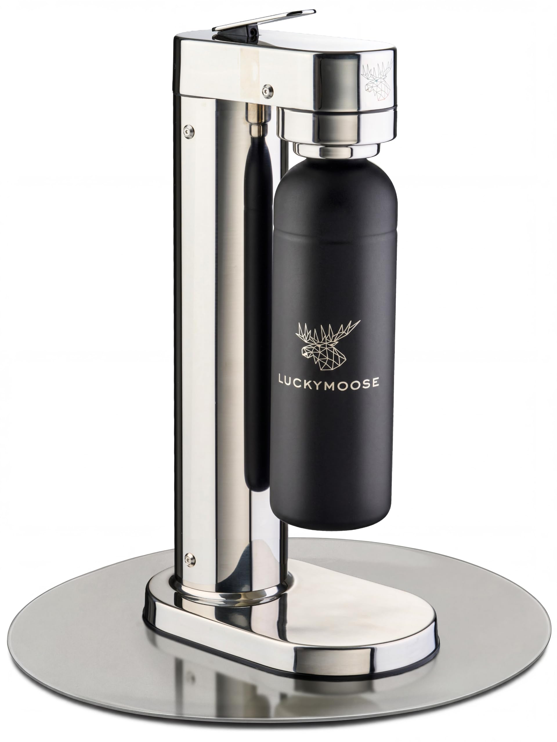 Luckymoose Infinity-S Machine à eau pétillante en acier inoxydable (Silver and Black) – Incl. 2x bouteilles 1,25L en inox – Machine a soda et eau gazeuse Maison & Cuisine & Design Compact