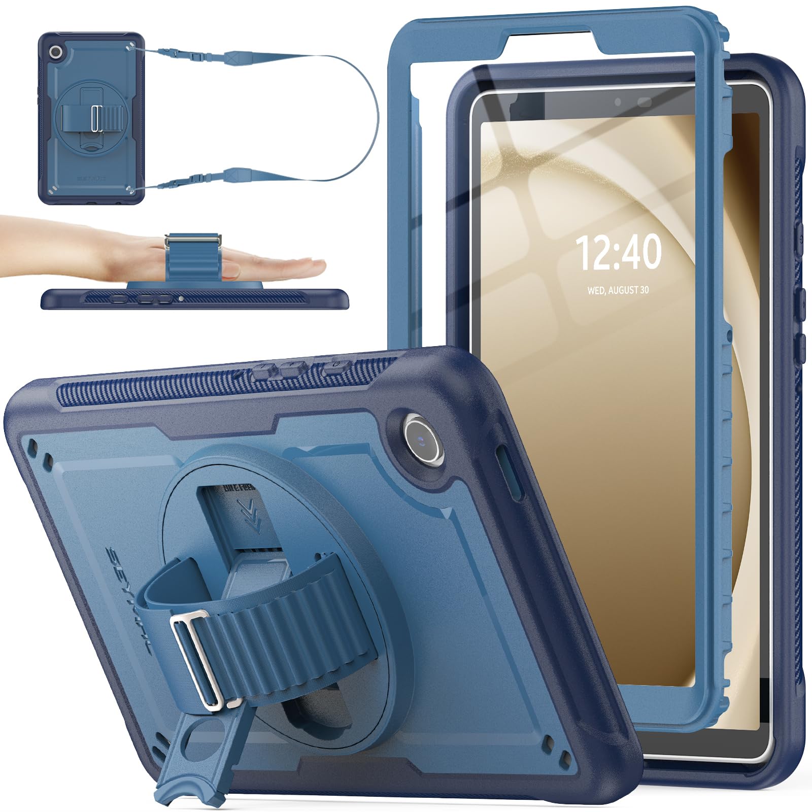 SEYMAC stock Hülle für Samsung Galaxy Tab A11/A9 8.7 Zoll 2025/2023, Stoßfeste Hülle mit Displayschutz, Stifthalter, 360° Drehbarer Ständer/Handschlaufe & Schultergurt, Dunkelblau
