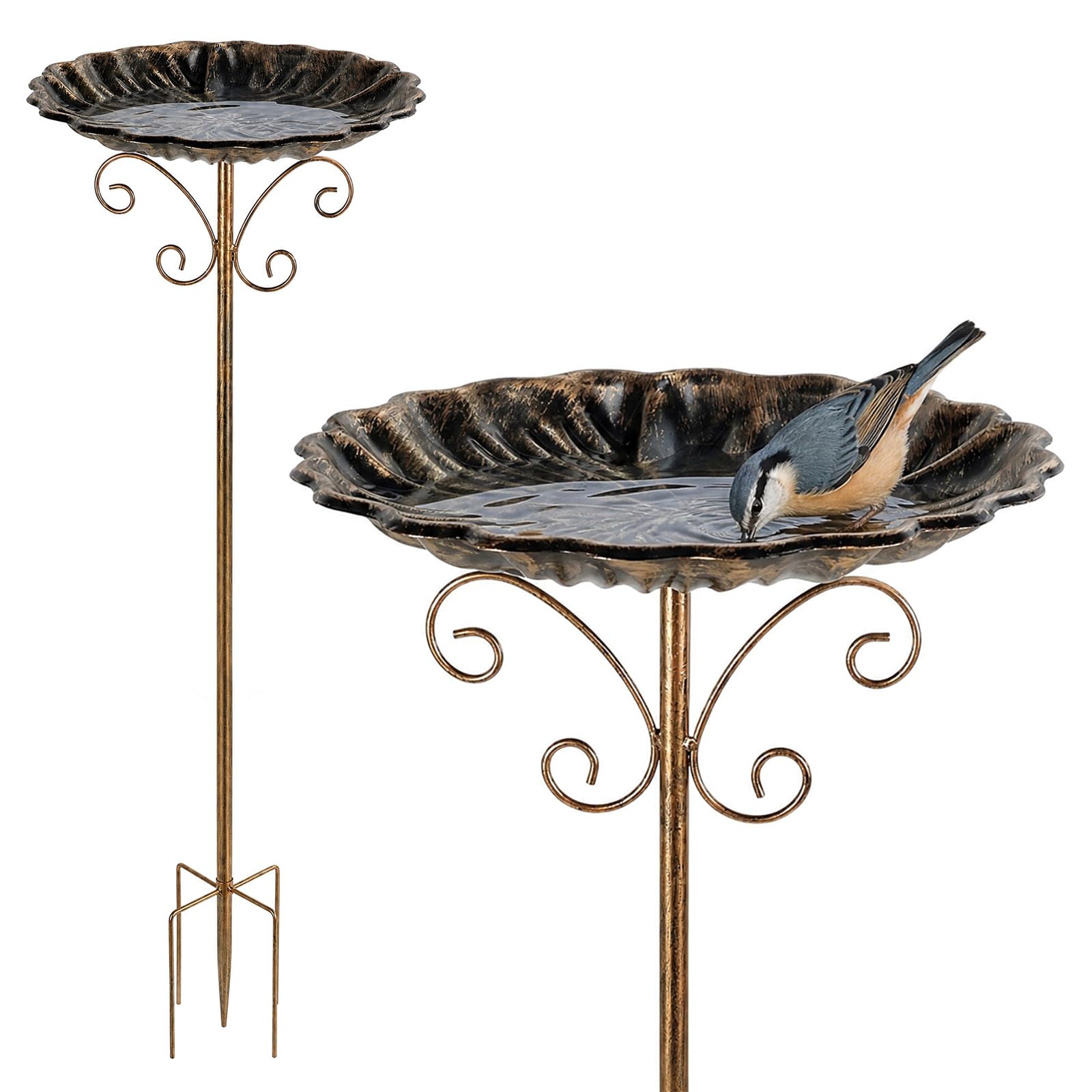 Bird Bath for Garden, 31In Vintage Freestanding Birdbaths & Supports, Metal Bird Bath Feeder Bowl with Upgraded 5-Pronged Base for Outdoors Patio Yard Lawn Decor and Bird Watching Gifts (Antique Gold)
