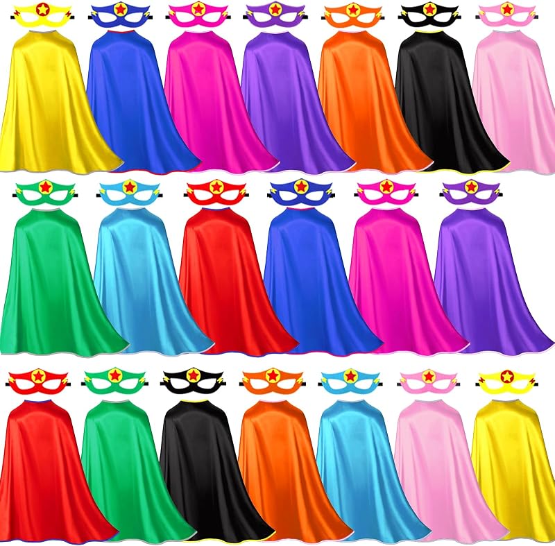 Paquete de 20 capas de superhéroes a granel para niños, capas y máscaras de superhéroes | Disfraces de disfraces para niños pequeños, juguetes para niños de 3 a 9 años, regalos para fiestas de cumpleaños, actividades en el aula, campamento, Halloween