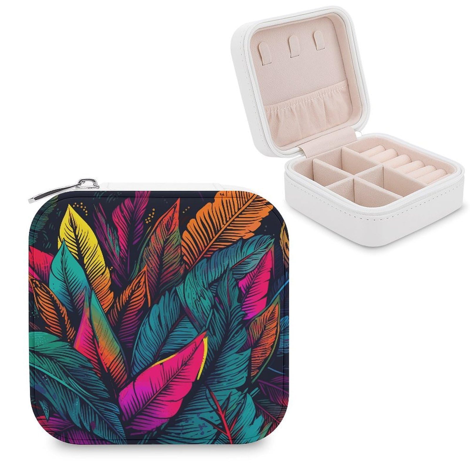 VstaDank Colorful Tropical Leaves Pattern Travel Jewelry Case Small Portable Jewellry Organizer Box PU Leather Organizer Boxes Personalized Jewellery Storage Holder Gift for Womens Rings Earrings