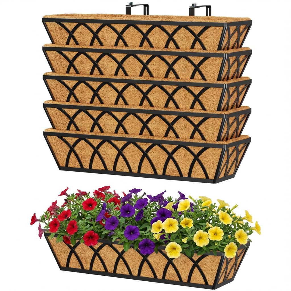 Y&M 24 Inch Fence Metal Hanging Flower Planter Window Basket Deck Railing Planter Boxes for Outdoor Garden Lawn， Window Deck with Coco Liner,6pcs