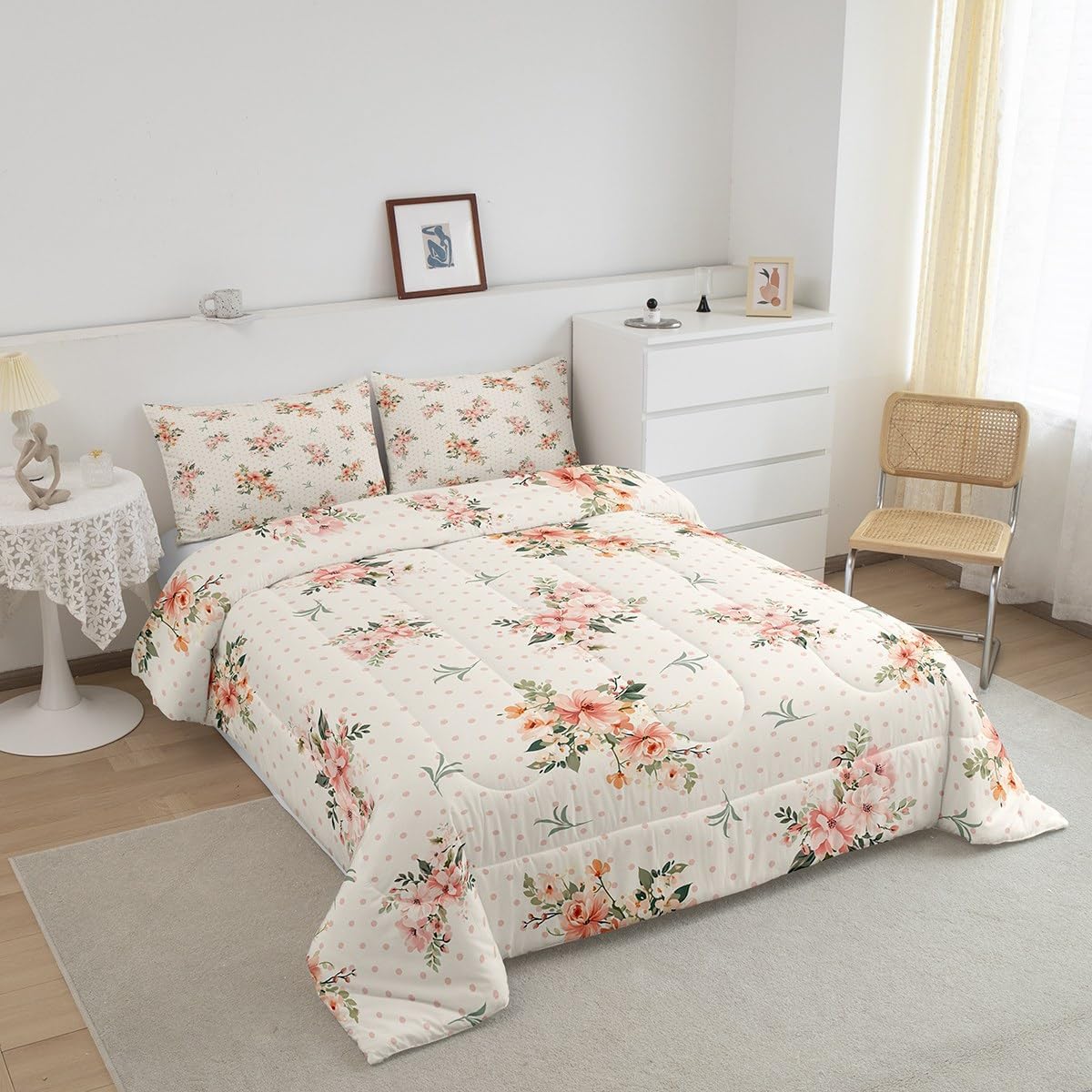 Feelyou Flowers Bedding Set Botanical Floral Flowers Blossom Comforter Set for Girls Women Ultra Soft Flower Pattern Comforter Natural Theme White Red Duvet Set Room Decor Twin with 1 Pillow Case