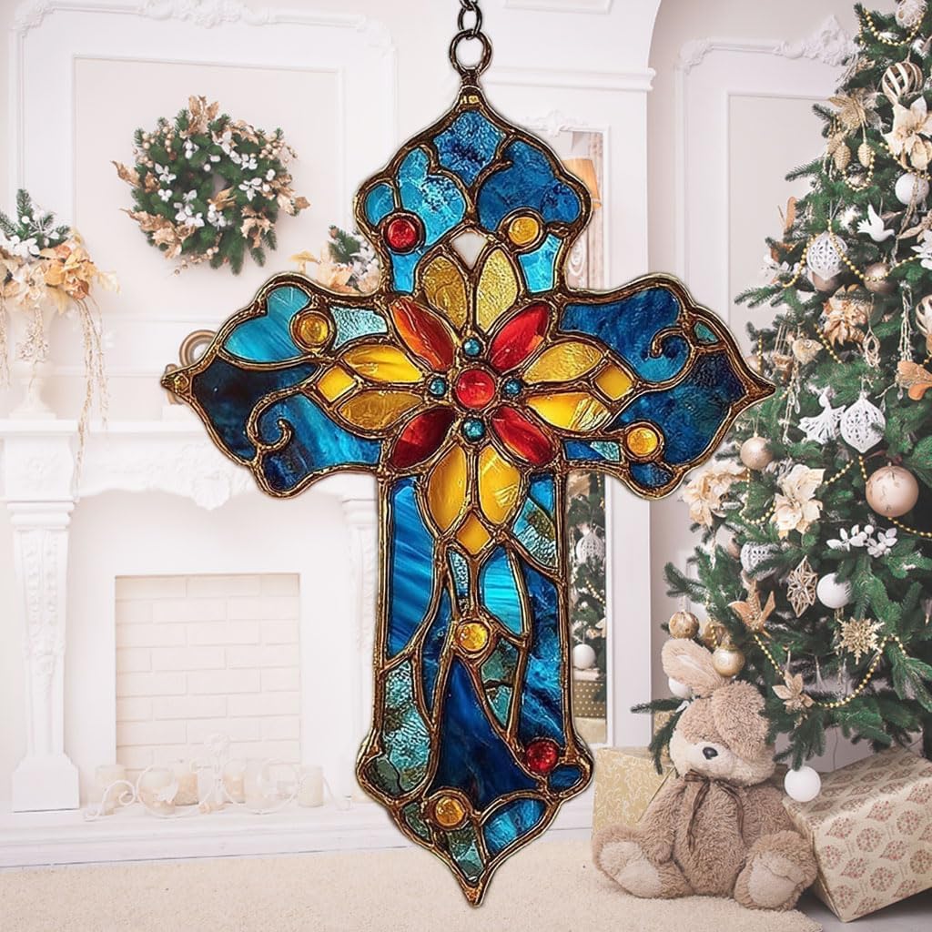Mosaic Style Christian Cross Tiffany Effect Acrylic Suncatcher Stained Glass Effect Window Car Hanging Christmas Ornament Indoor Outdoor Decor Garden Sun Catcher Panel for Women Mom Grandma