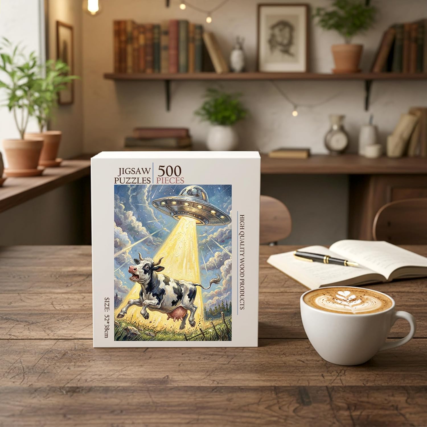 UFO Alien Cow Abduction Fantasy Jigsaw Puzzle - 500 Pieces Wooden Puzzle for Adults, Wall Art Gift, Finished Size: 20 x 15 Inch