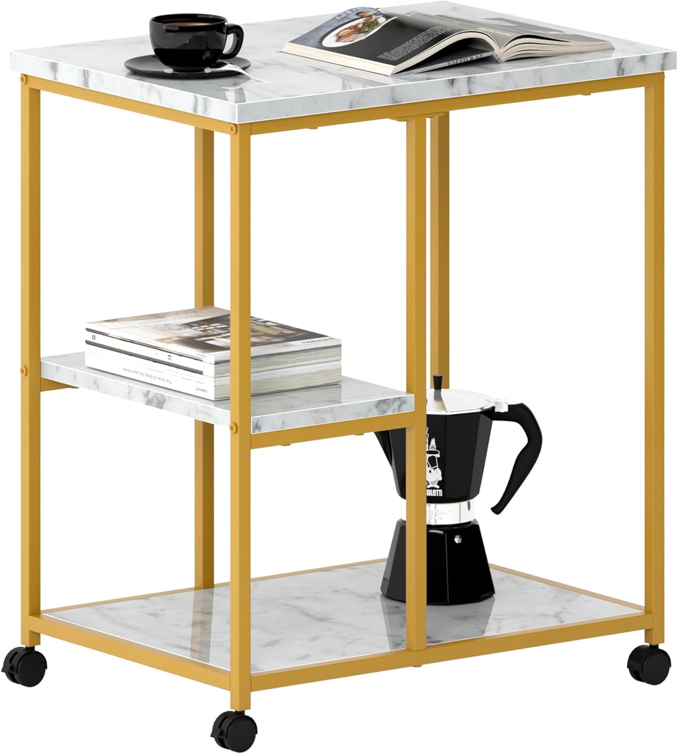 SogesHome Gold Bar Cart Stylish Rolling Utility Cart with Shelves, Mobile Utility Storage Organizer with Lockable Wheels for Living Room, Kitcken, Office, Coffee - Luxe Design for Entertaining