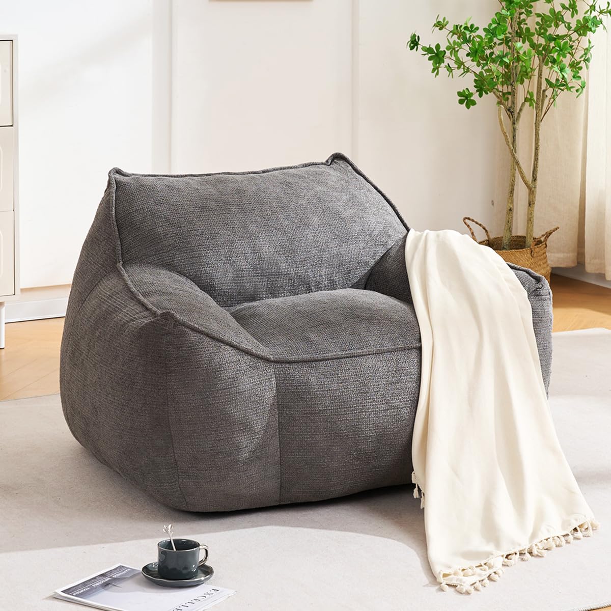 UUKRAVE Worek do siedzenia dla dorosłych z wypełnieniem, bardzo duża sofa szenilowa z podłokietnikami, wygodny fotel do czytania do salonu, sypialni, pokoju zabaw, kolor ciemnoszary