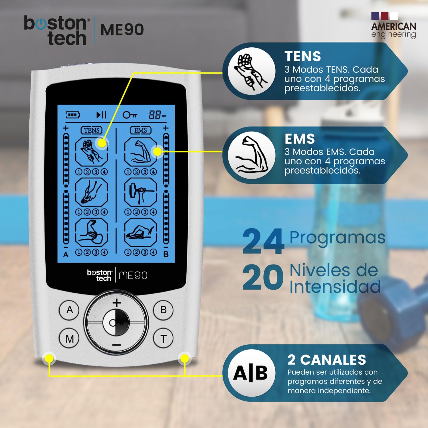 Boston Tech Electroestimulador Muscular ME90. TENS EMS. 2 Canales. 24 programas. 16 Niveles de Intensidad. Incluye 10 Electrodos. Alivio rápido y eficaz del Dolor