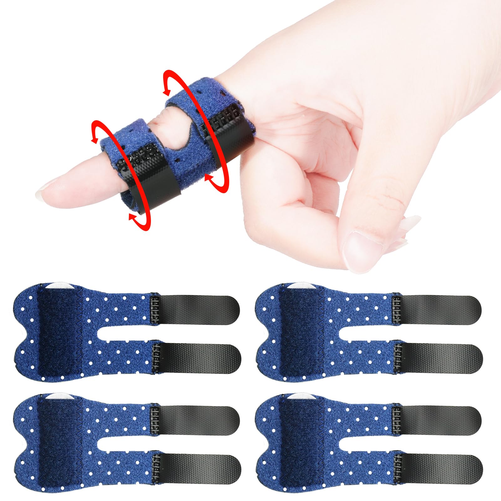 4 Pcs Finger Splint,Trigger Finger Splint Brace Finger Support for Straighten Broken Bent Finger,Arthritis Pain Relieve,Mallet Finger Splint for All Fingers,Adjustable & Breathable(Blue with holes)