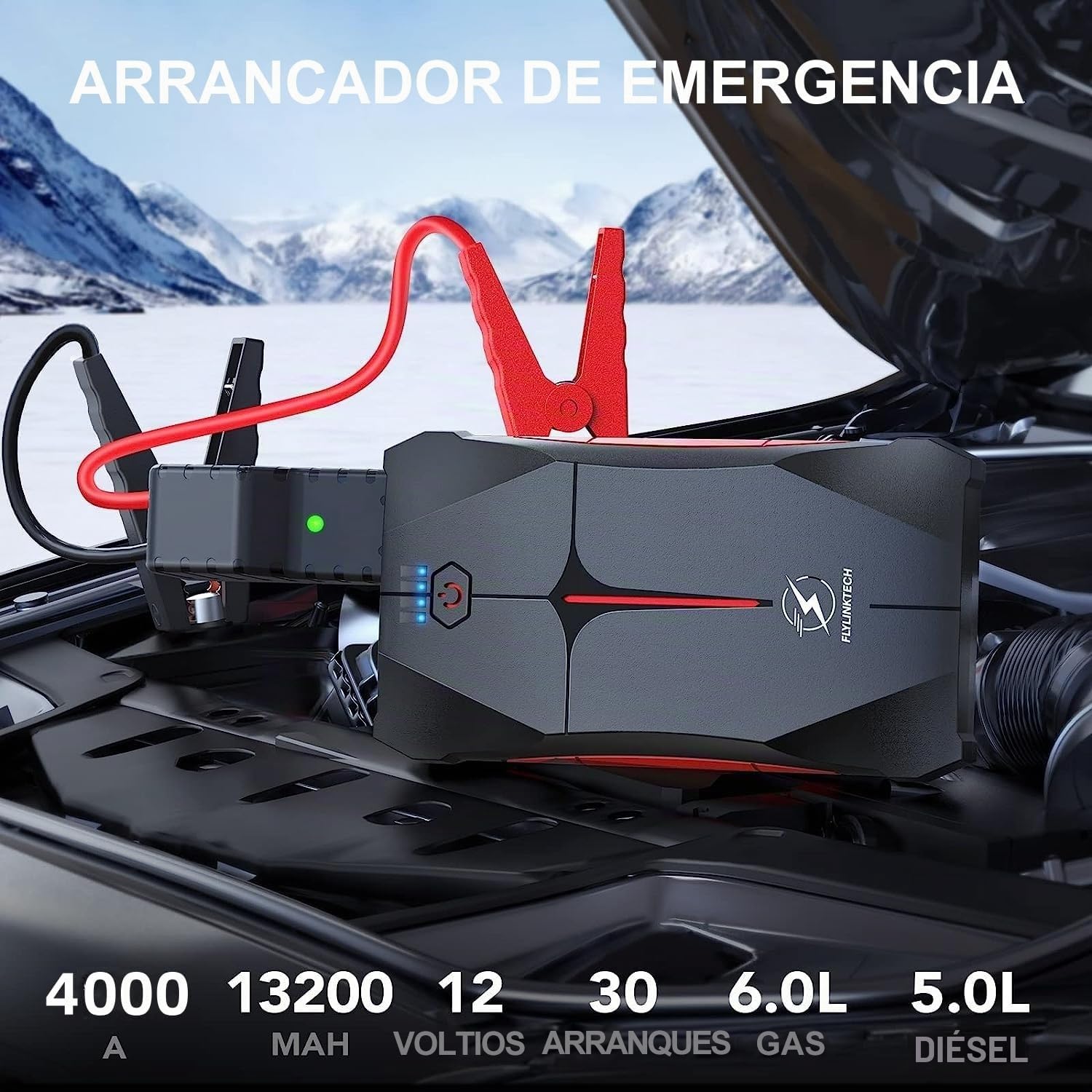 FLYLINKTECH Arrancador de Coches, 4000A 13200mAh Arrancador de Baterias de Coche (hasta 9.0L Gas o 8.5L Diesel), 3 Modos Linterna LED, Puerto USB