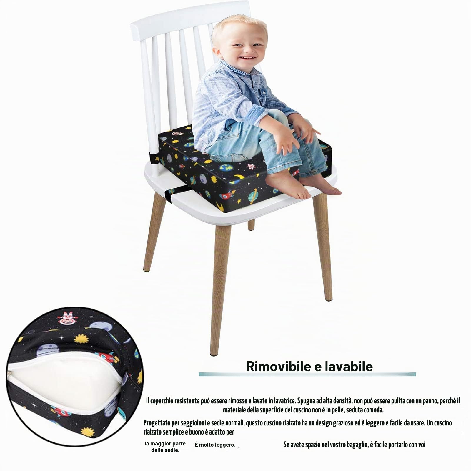 Taeku Cuscino Rialzo, Regolabile Lavabile Cuscino per Sedia Seggiolino Rialzo Booster Seat con 2 Sicurezza Fibbie per Tavolo da Pranzo (Pianeta Nero)