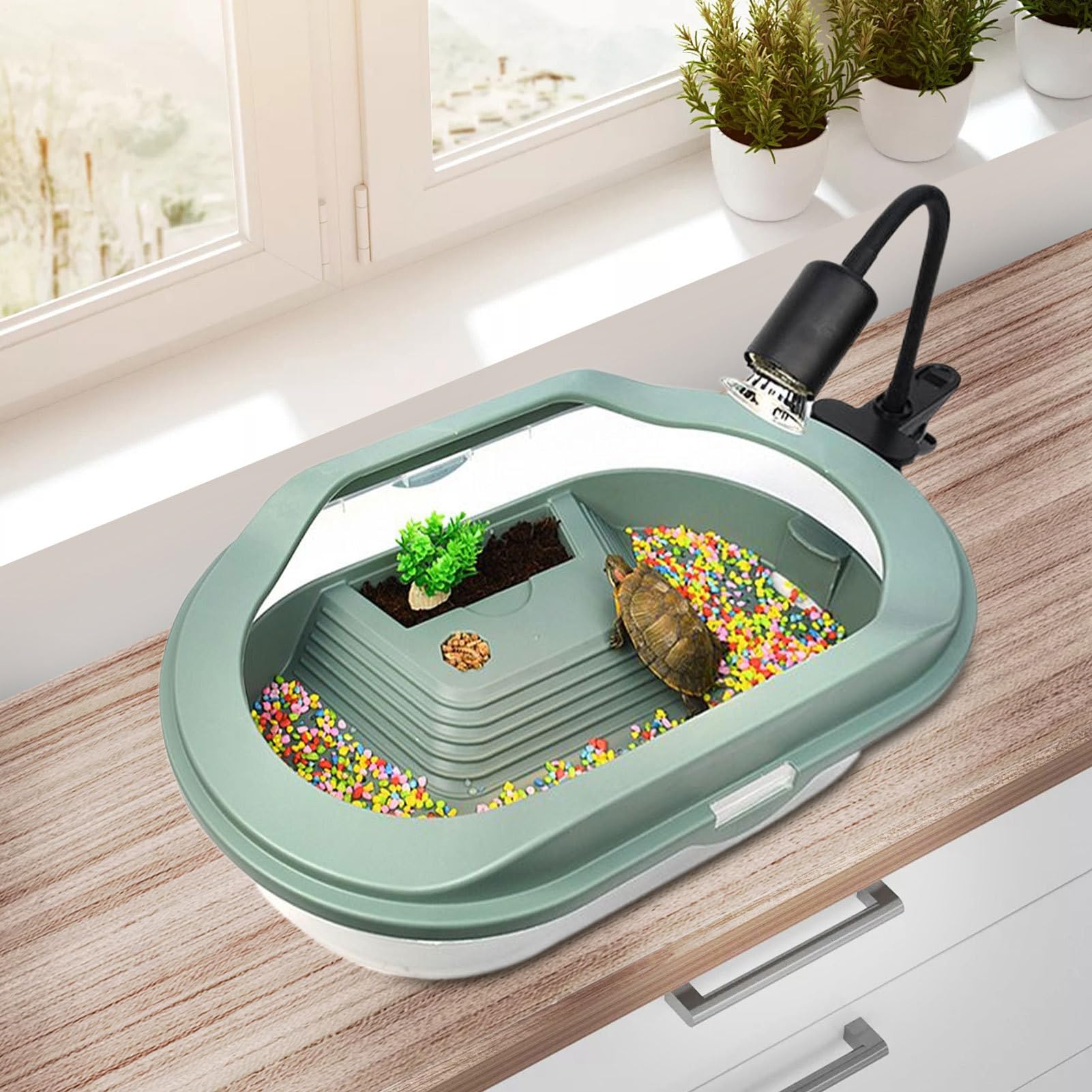 Serbatoio per tartarughe d'acqua, terrario per tartarughe, di drenaggio inferiore, coperchio trasparente, scatola per allevamento habitat per piccoli rettili eremiti, granchi, gechi, piccoli