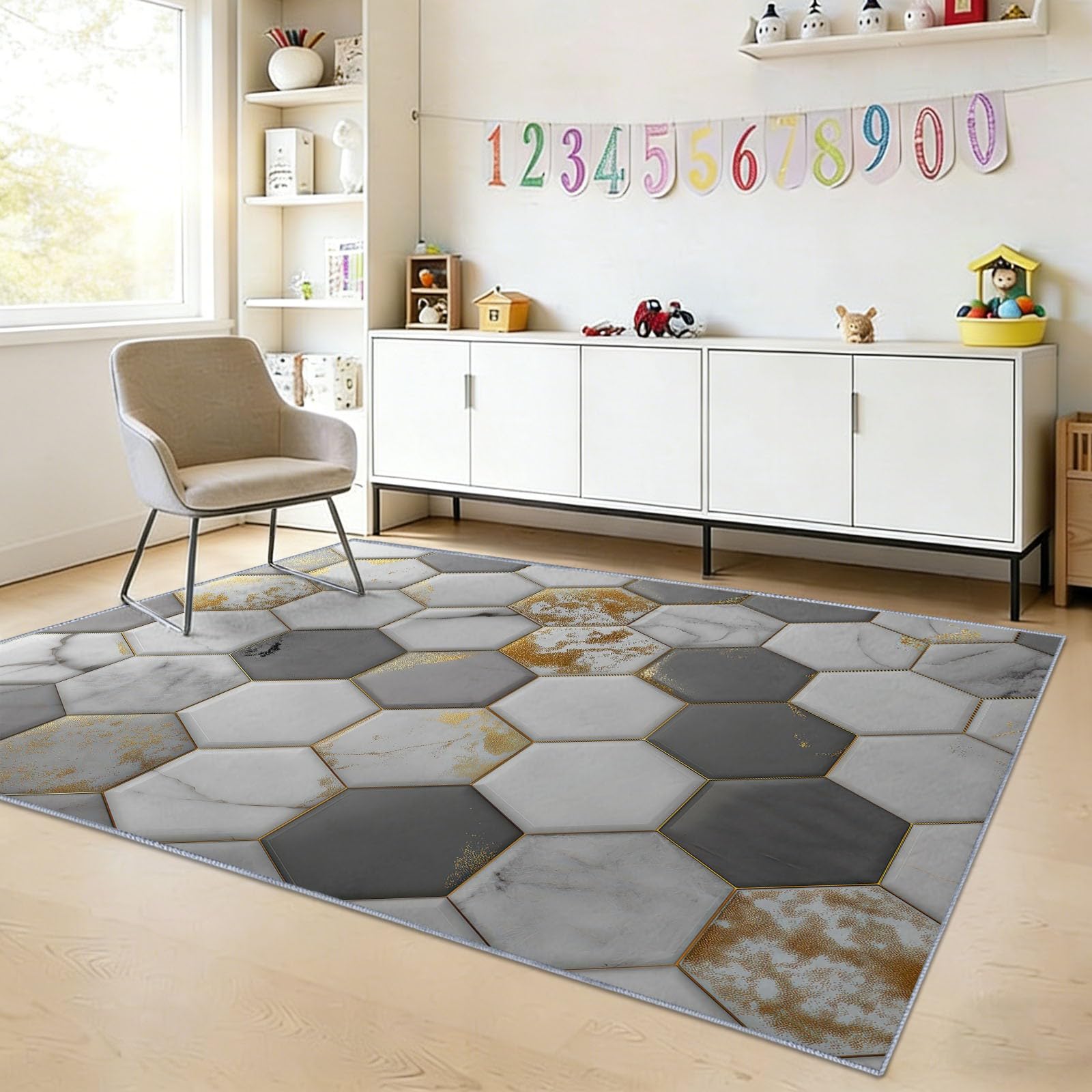Tappeto Soggiorno 140 x 200 cm, grigio marmo esagonale geometrico, moderno tappeto stampato lavabile in lavatrice, tappeto morbido antiscivolo, per camera da letto e ufficio, sala giochi