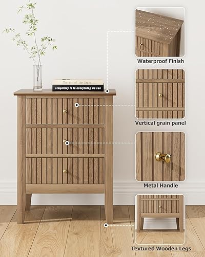 Miniatura 4 de Fluted Nightstand, Farmhouse Night Stand with 3 Drawers, Mid Century Modern Side Accent Table,Bedside End Table for Bedroom, Living Room, Natural