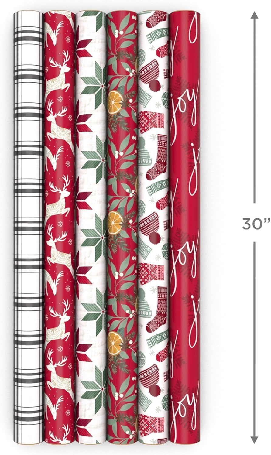 Scotch Magic Greener Tape and Hallmark Recyclable Christmas Wrapping Paper Rolls (12 Rolls of Tape with Set of 6 Gift Wrap Rolls) Red and Green, Deer, Mittens, Citrus, Quilt, Plaid