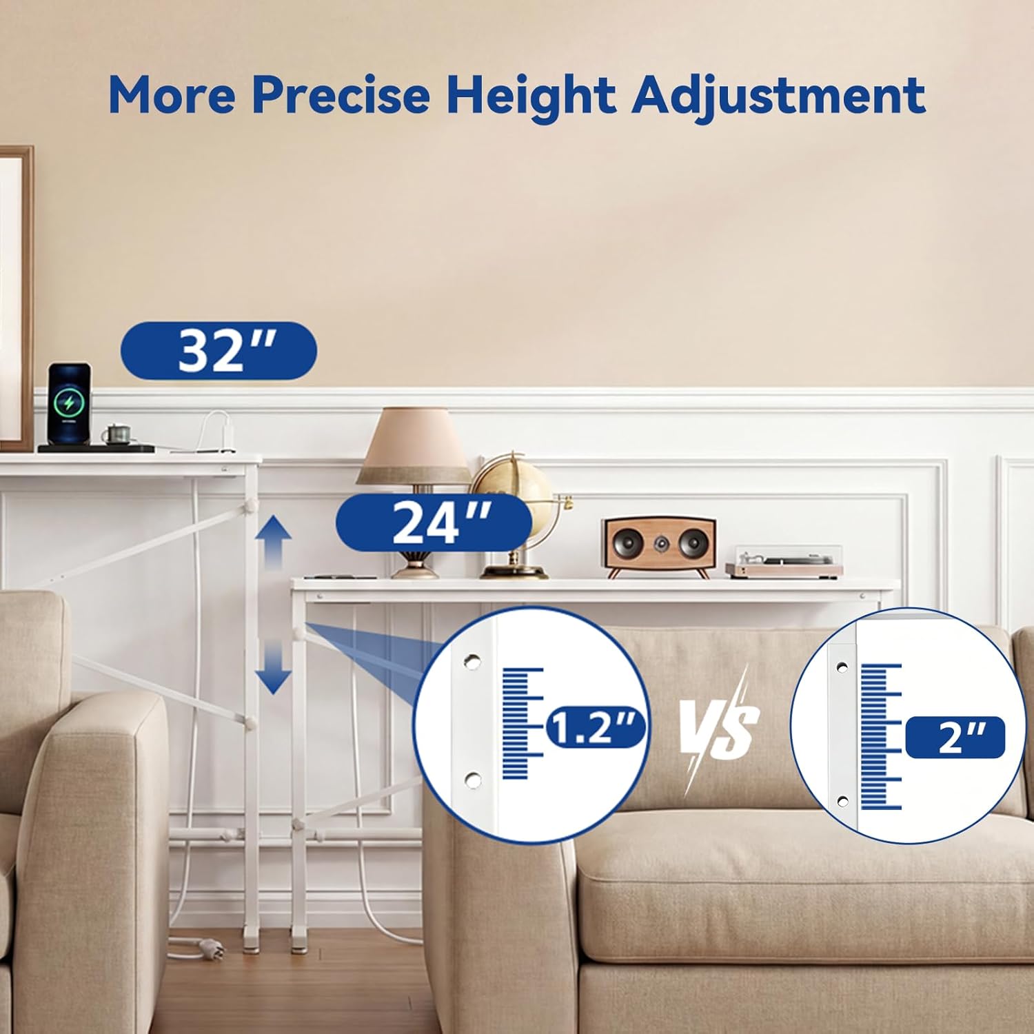 78.8inch Adjustable Height Narrow Sofa Side Table with 2 Power Outlets, Couch Behind Table for Small Space, Hallway, Entryway, Bedside, Bedroom, Stable, Easy to Assemble & Clean(Classic White)