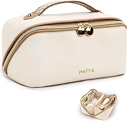 Prite Large Capacity Makeup Bag Portable Travel Cosmetic Bag Waterproof Toiletry Case with Clear Divider and Handle