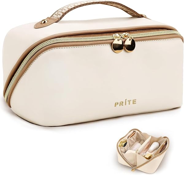 Prite Large Capacity Makeup Bag Portable Travel Cosmetic Bag Waterproof Toiletry Case with Clear Divider and Handle - 1