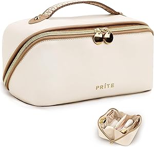 Prite Große Kapazität Kosmetiktasche Tragbare Reise Make Up Tasche wasserdichte PU-Leder Schminktasche oder Kulturbeutel mit Transparente Trenner und Griff(Beige L)