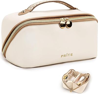 Prite Große Kapazität Kosmetiktasche Tragbare Reise Make Up Tasche wasserdichte PU-Leder Schminktasche oder Kulturbeutel mit Transparente Trenner und Griff(Beige M)