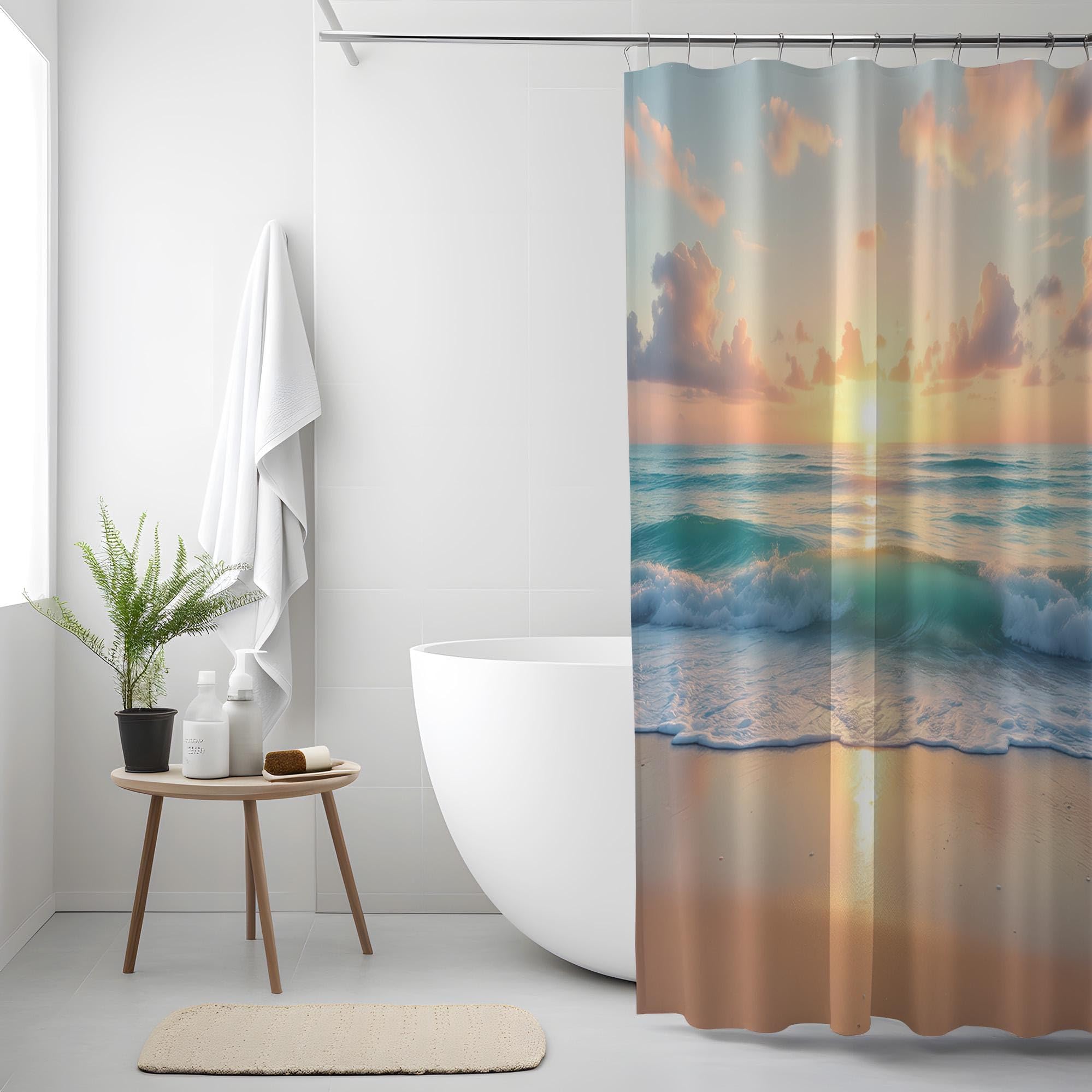 Duschvorhang „Strand-Sonnenuntergang“: Landschaftsmotive, ruhige Badezimmerdekoration im Küstenstil, Badewannenvorhang, maschinenwaschbar (240 x 200 cm / 94 x 79 Zoll (B x H))