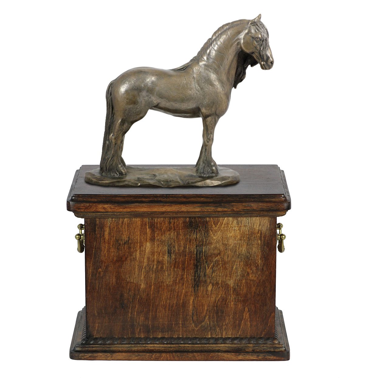 Urne de crémation cheval frison boîte mémoriale bois et statue bronze