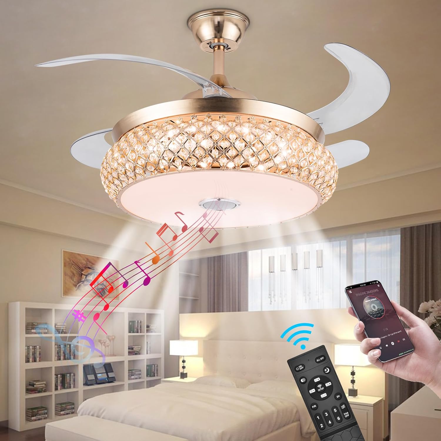 42 Inch Retractable Invisible Ceiling Fan with Light and Bluetooth Speaker, Modern Bluetooth Fan Chandelier with Remote Control 3 Color Change 36W LED Warm Gold 42in