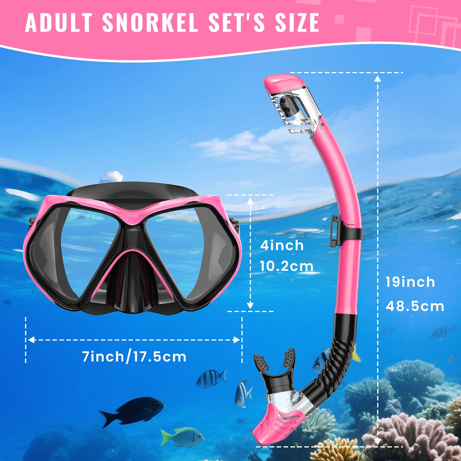 Equipo de esnórquel para adultos, juego de máscara de buceo con parte superior seca, gafas de natación para adultos con cubierta de nariz, vidrio templado HD panorámico antifugas, antivaho, paquetes