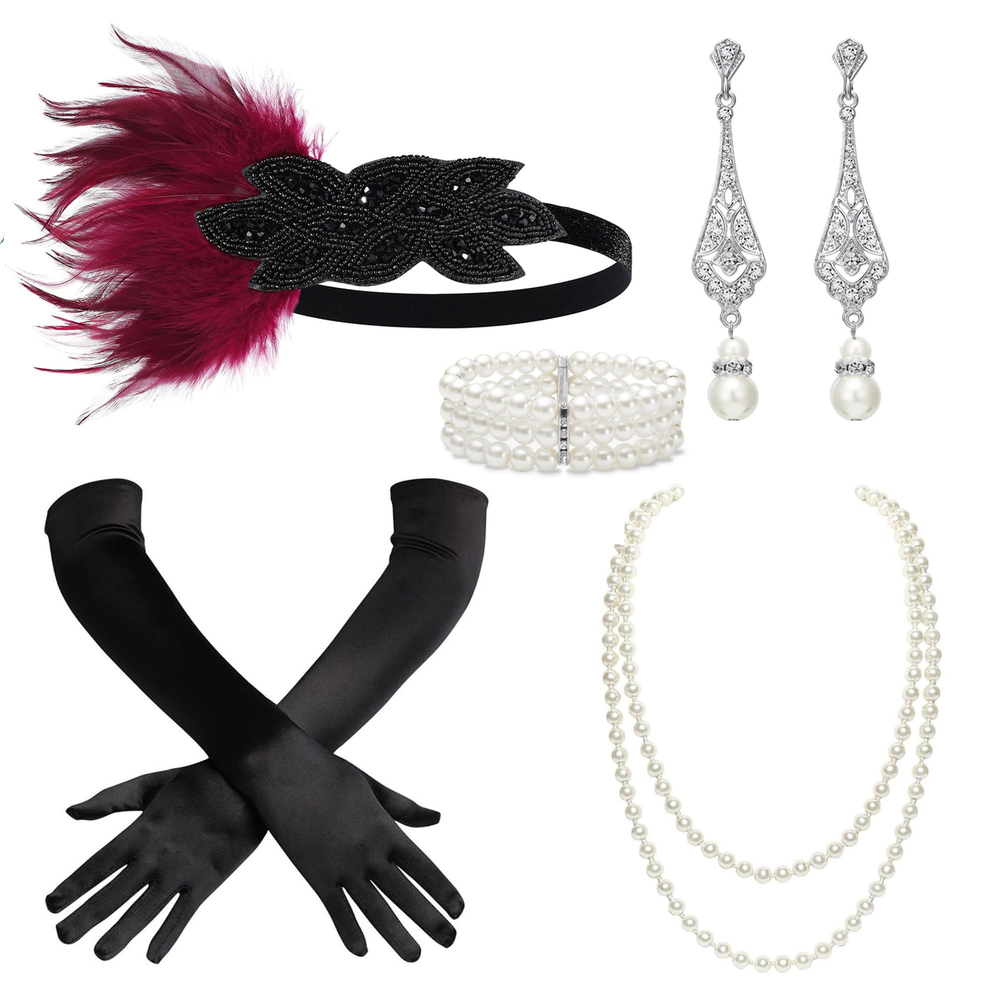 BABEYOND 1920s Flapper Accessories Great Gatsby Costume Accessories 20s Flapper Headband Pearl Necklace Gloves Plastic Holder