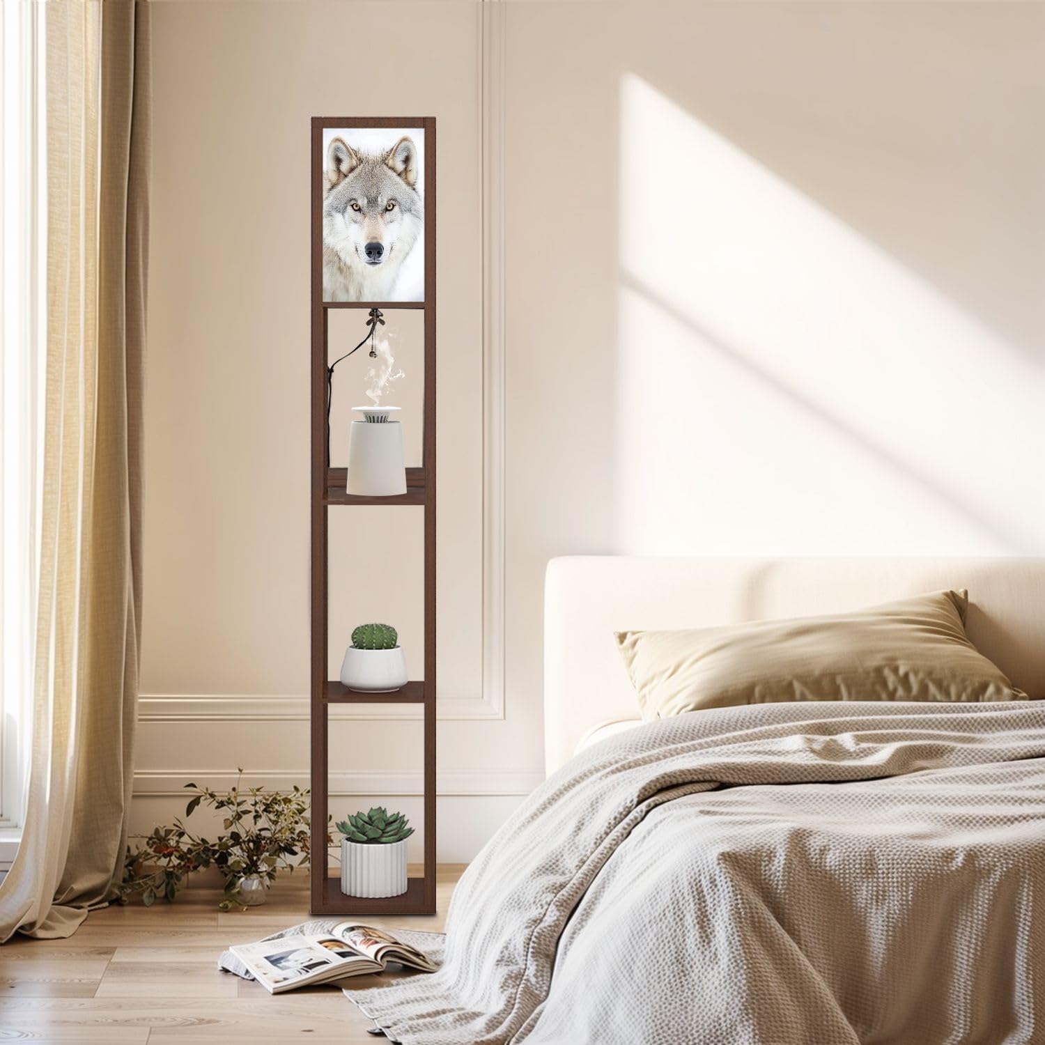 Floor Lamp with Shelves Close up Winter Standing Tall Lamp USB Ports & Power Outlet Modern Corner Lamp Nightstand Light for Living Room Bedroom