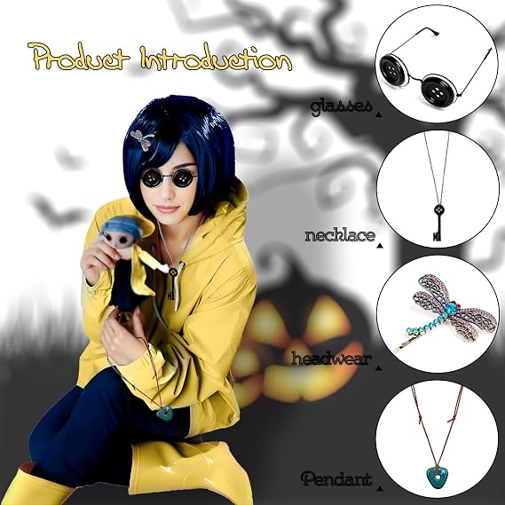 Coraline Women Girls Dark Blue Bob Short Straight Hair Wig Button Glasses Key Necklace Gemstone Necklace Dragonfly Hairpin Costume Party Cosplay Wig (SET1)