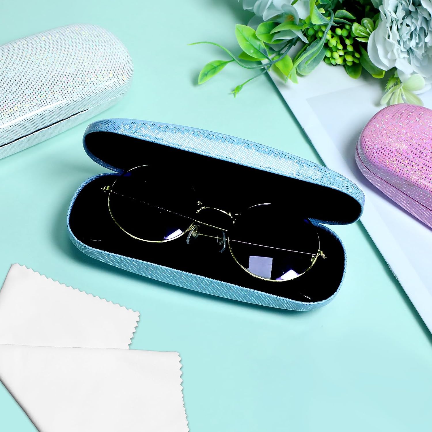 Eyeglass Case Hard Shell,Hard Sunglass Cases with Cleaning Cloth for Women,Glitter Protective Case