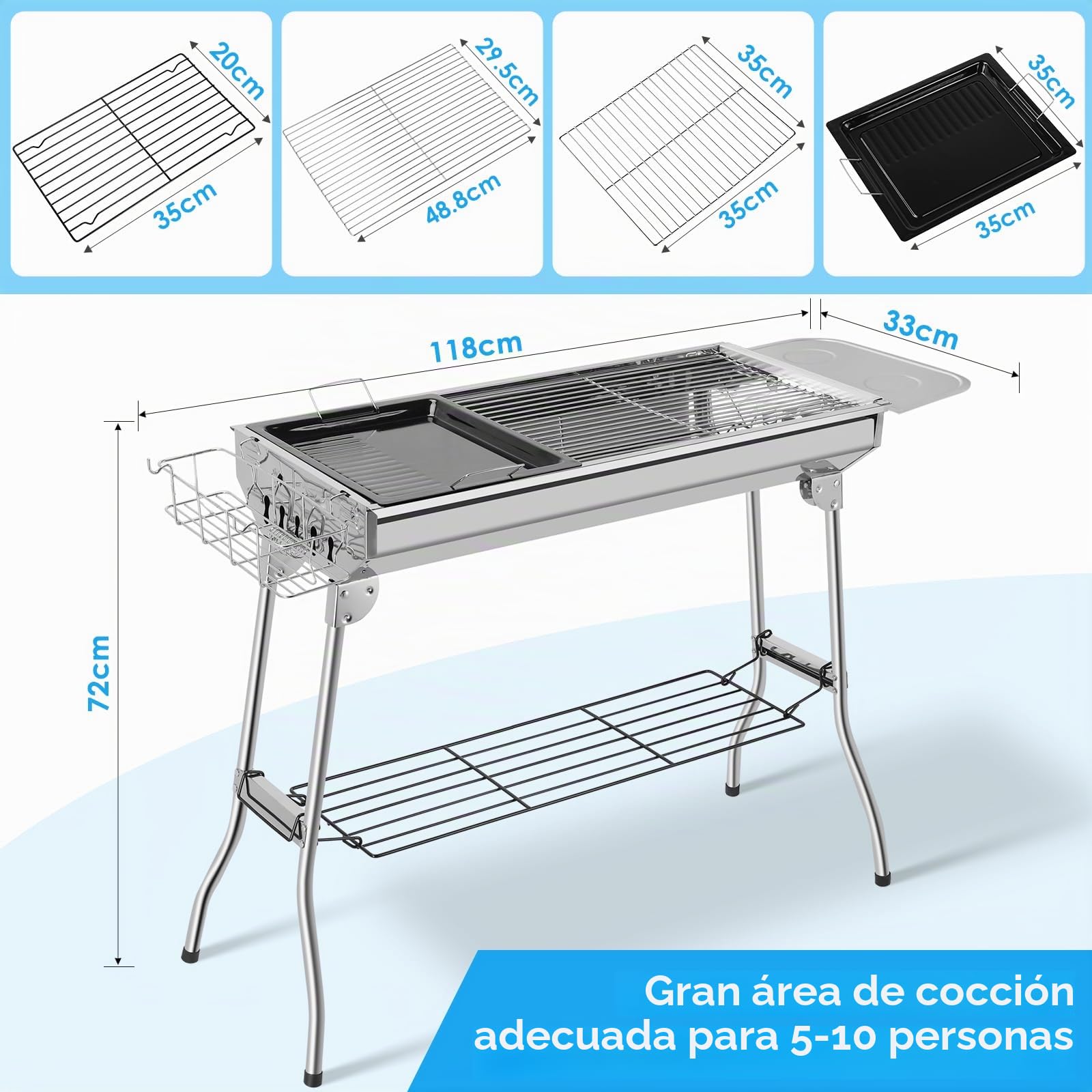 Barbacoa de Carbón Portátil, Parrilla de Acero Inoxidable Plegable, Barbacoa Carbon XXL con Sartén Antiadherente para Jardín, Terraza, Picnic, Camping