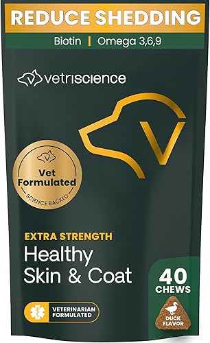 VetriScience Masticables extra fuertes para piel y pelaje, suplemento Omega Plus para perros, con Omega 3, 6, 9, aceite de pescado y biotina, salud