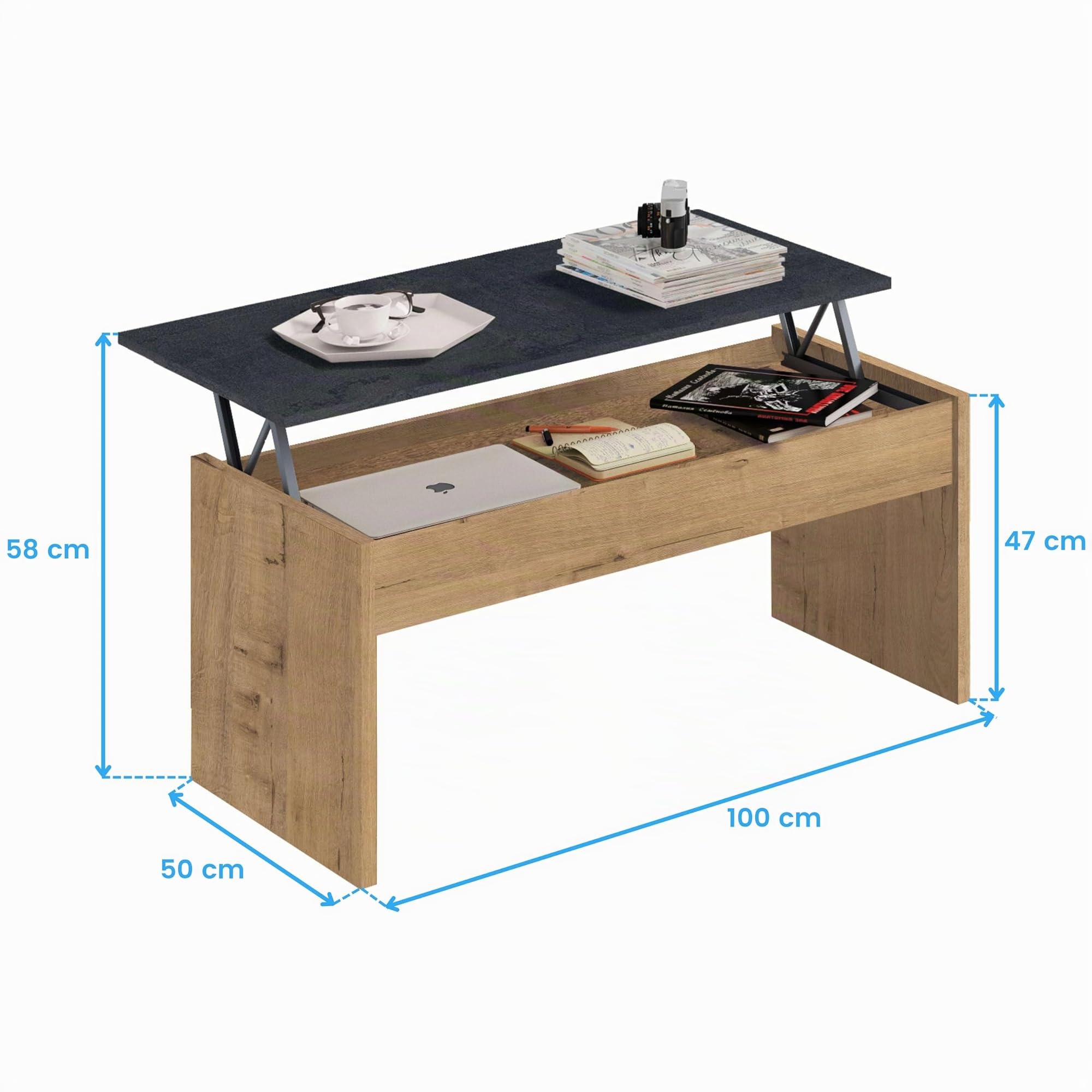 MUEBLES PITARCH | Mesa de Centro Elevable, Mesita Salón de Café, Mesa Auxiliar Comedor, Roble Gold, 47x100x50cm (Cerrada) 58x100x50 cm (Abierta), Mesita Baja para Sofá, Moderna, Modelo Oslo