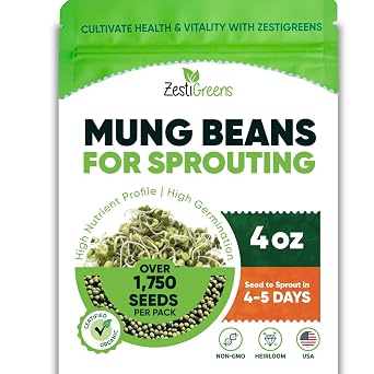 Mung Bean Sprouting Seeds - NON GMO- Resealable Bag for Longer Freshness Rich in Vitamins, Minerals, Fiber 4 Oz.